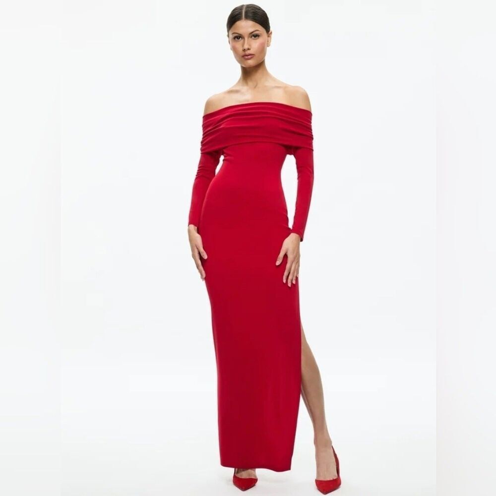 Alice + Olivia   Coretta Off the Shoulder Long Sleeve Maxi Red Dress Size XSmall
